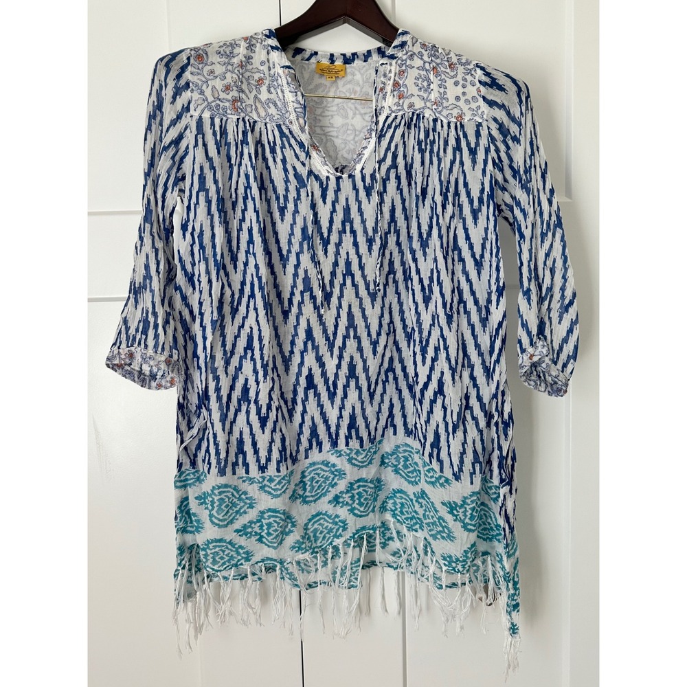 Roberta Roller Rabbit Blue White Ikat Cotton Fringe Tunic Top XS
